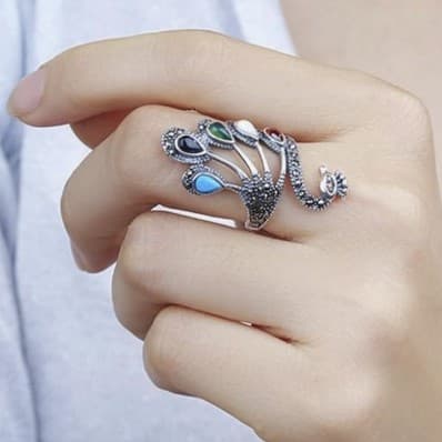 Sterling silver plated adjustable statement Peacock Ring - Thumbnail 4