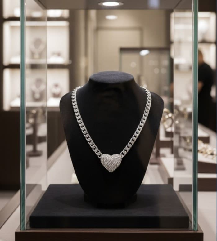 Sparkling Pave Heart & Curb Link Statement Necklace - Thumbnail 3