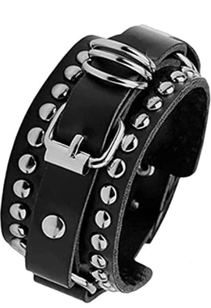 Genuine Leather PunkRock Studded bracelet Adjustable Double-Ring Buckle Statemen - Image 1