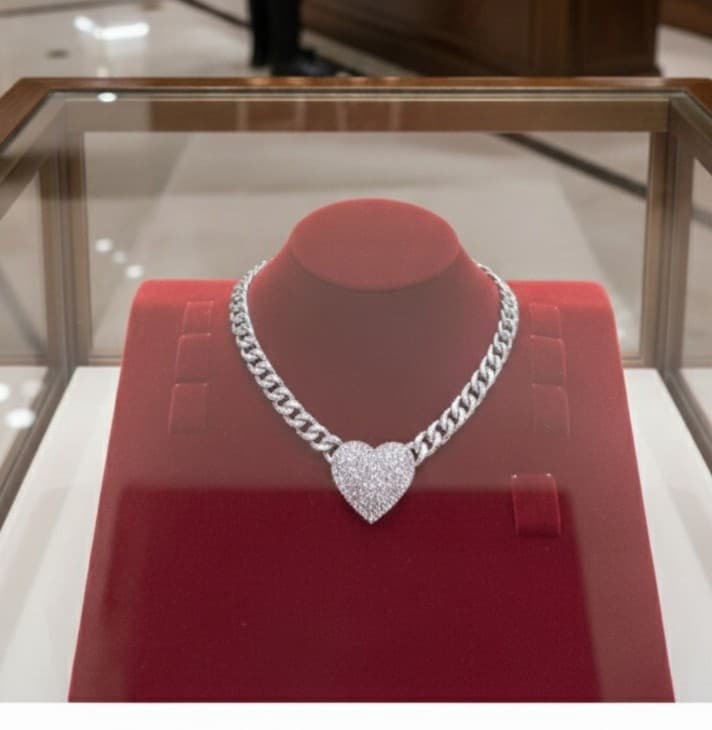 Sparkling Pave Heart & Curb Link Statement Necklace - Thumbnail 4