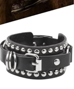 Genuine Leather PunkRock Studded bracelet Adjustable Double-Ring Buckle Statemen - Thumbnail 3