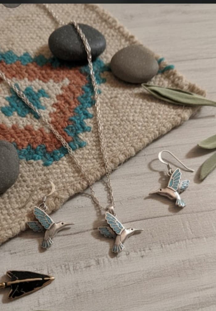 Turquoise Inlay Hummingbird Pendant Necklace & Earring Set 925 Suite(James Avery - Thumbnail 3
