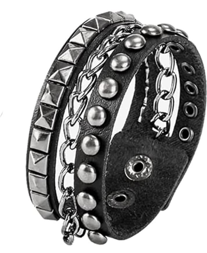 Genuine Leather Layered Punk Cuff – Pyramid Stud & Chain Multi-Strand Bangle - Image 1