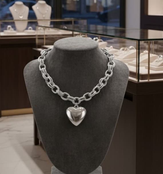 14K Gold Plated Puffy Heart & Textured Shimmer Link Necklace - Thumbnail 2