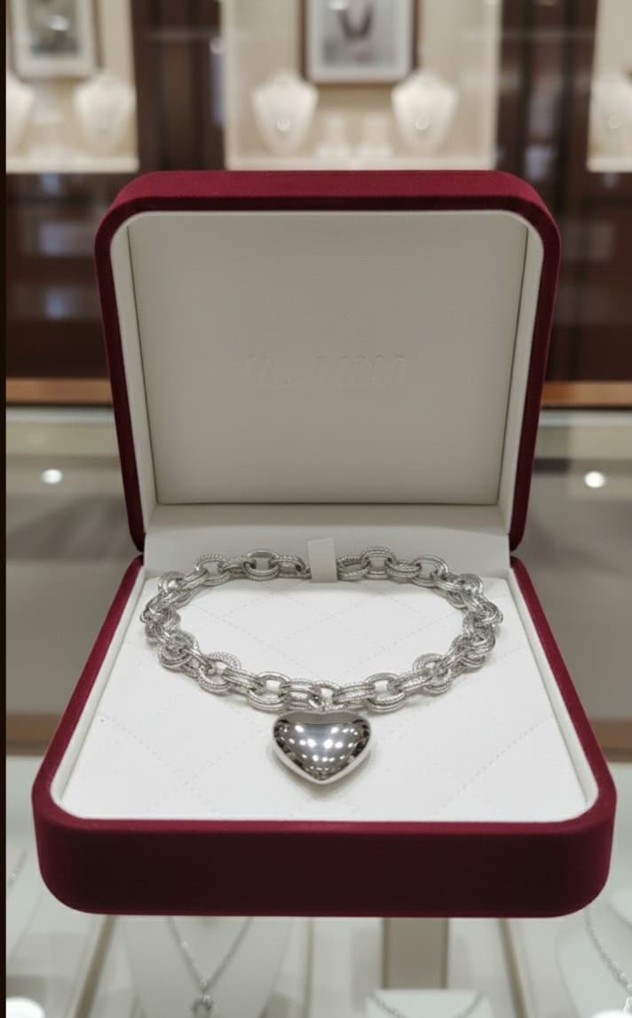 14K Gold Plated Puffy Heart & Textured Shimmer Link Necklace - Thumbnail 3