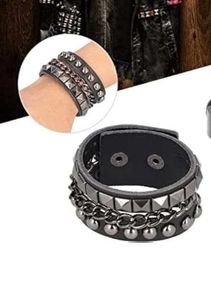 Genuine Leather Layered Punk Cuff – Pyramid Stud & Chain Multi-Strand Bangle - Thumbnail 2