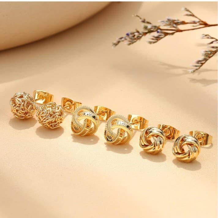3 Pairs 14K Gold Plated Knot Earrings 4 Women Hypoallergenic Small Stud Earrings - Thumbnail 5
