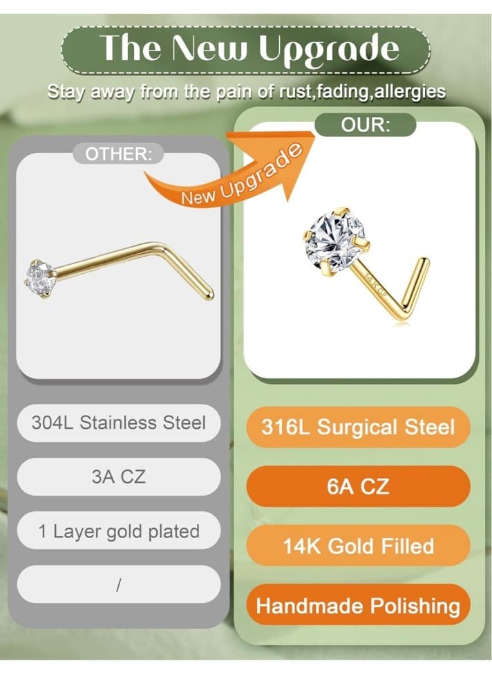 14K Gold Filled Nose Studs 316L Surgical Steel Nose Rings Studs Cubic Zirconia - Thumbnail 2