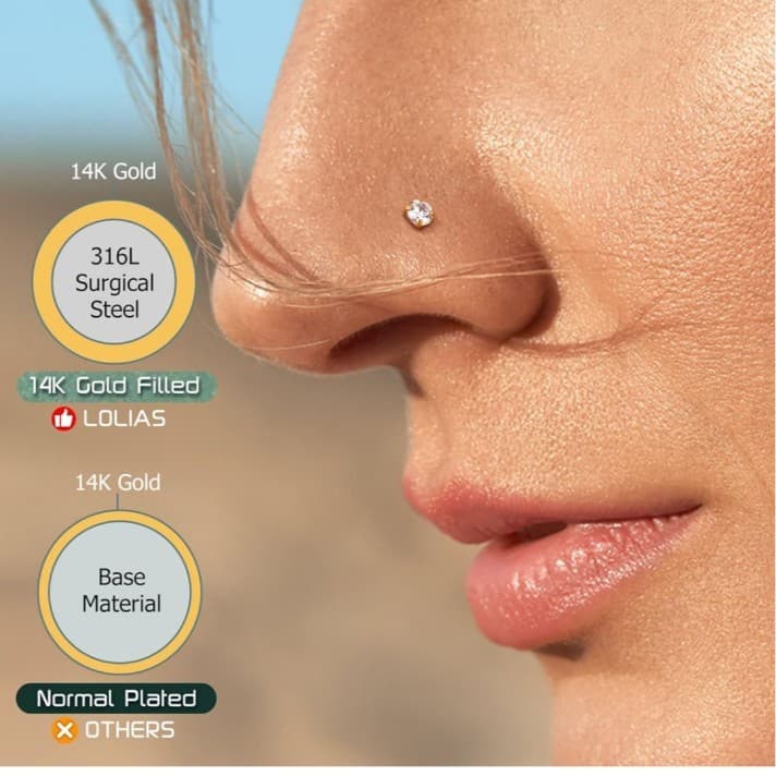 14K Gold Filled Nose Studs 316L Surgical Steel Nose Rings Studs Cubic Zirconia - Thumbnail 3