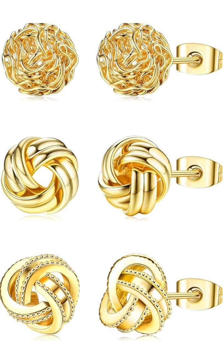 3 Pairs 14K Gold Plated Knot Earrings 4 Women Hypoallergenic Small Stud Earrings - Image 1