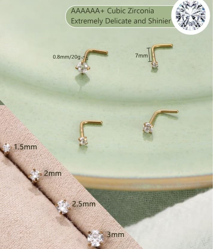 14K Gold Filled Nose Studs 316L Surgical Steel Nose Rings Studs Cubic Zirconia - Thumbnail 5
