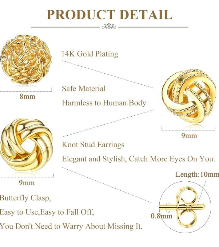 3 Pairs 14K Gold Plated Knot Earrings 4 Women Hypoallergenic Small Stud Earrings - Thumbnail 2