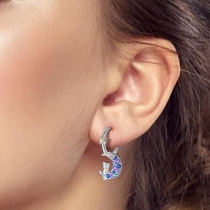 Sterling Silver Moon and Star Earrings with Purple and Blue Accents And A Cat - Thumbnail 2