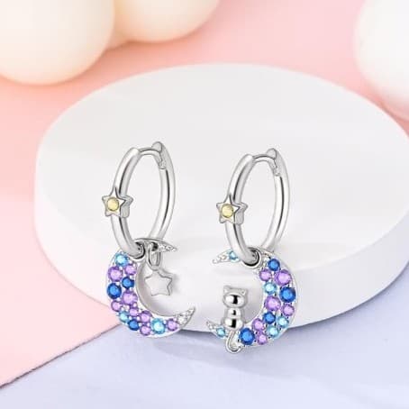 Sterling Silver Moon and Star Earrings with Purple and Blue Accents And A Cat - Thumbnail 3