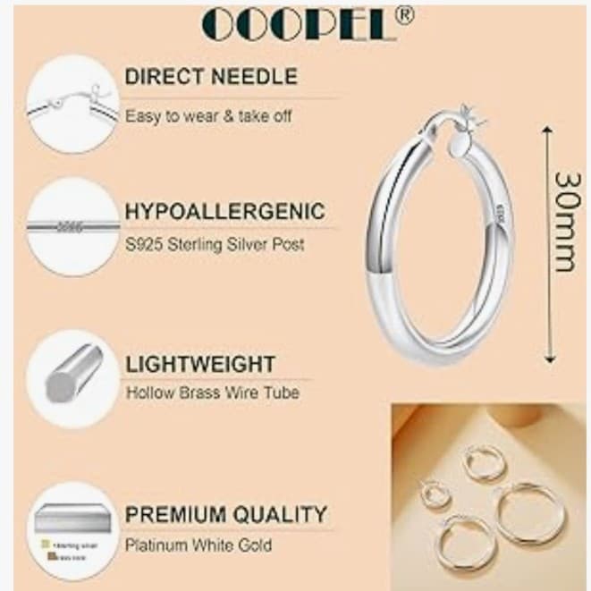 4mm Thick sterling Earrings Hoops Earrings For Women 30mm - Thumbnail 2