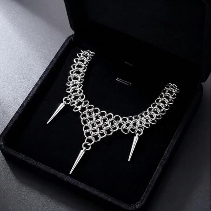 Silver punk gothic stainless steel spiked chainmail choker necklace. - Image 1