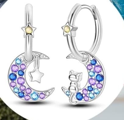 Sterling Silver Moon and Star Earrings with Purple and Blue Accents And A Cat - Thumbnail 5