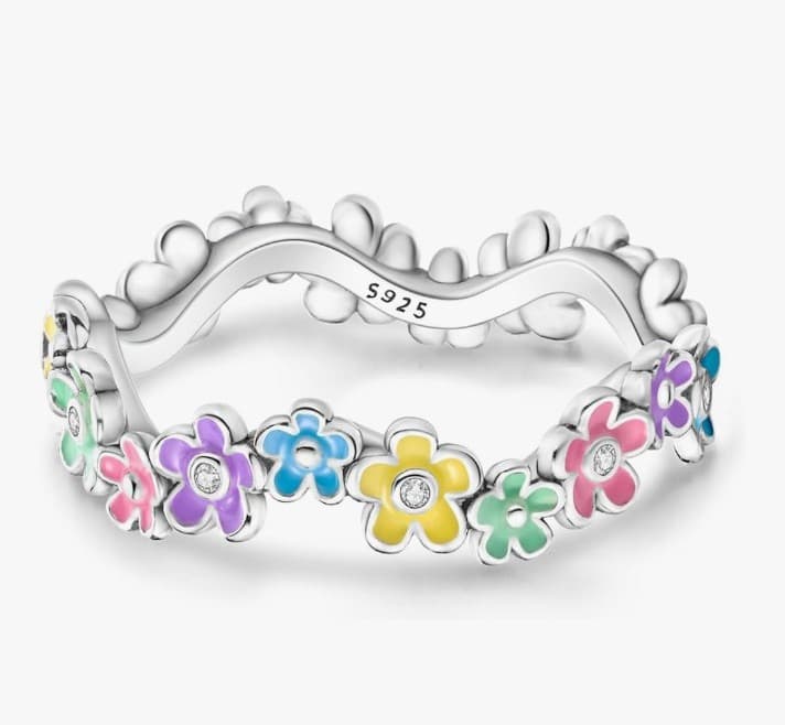 925 Sterling Silver Ring Colorful flowers stamped 925 - Thumbnail 2