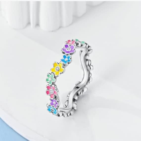 925 Sterling Silver Ring Colorful flowers stamped 925 - Thumbnail 3