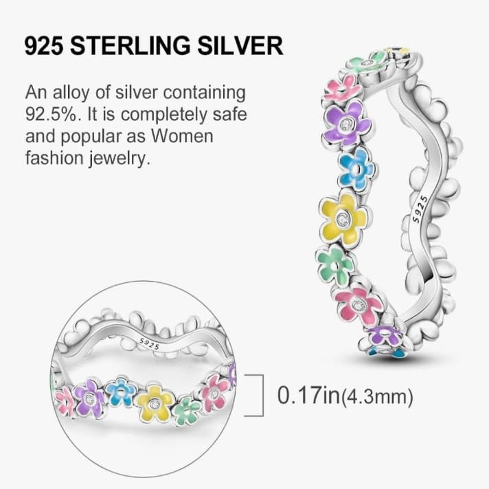 925 Sterling Silver Ring Colorful flowers stamped 925 - Thumbnail 4
