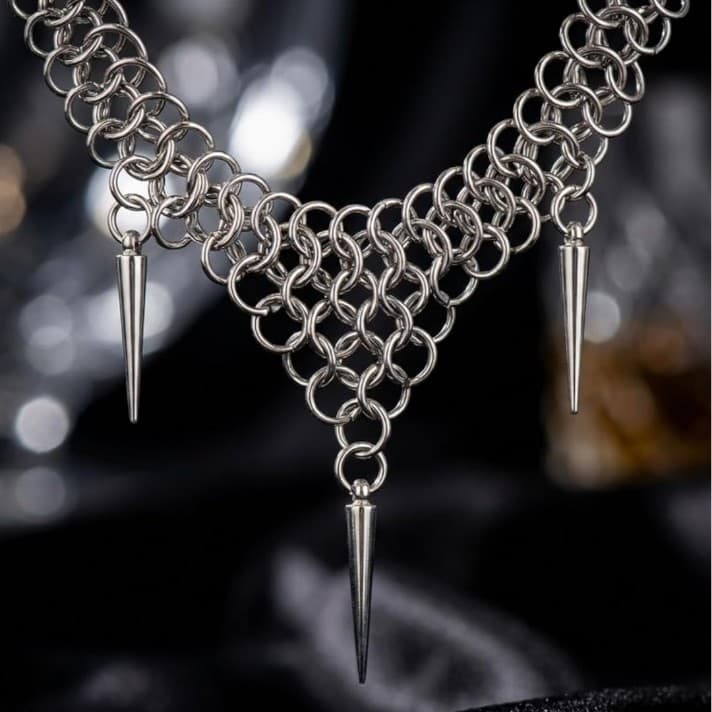 Silver punk gothic stainless steel spiked chainmail choker necklace. - Thumbnail 5