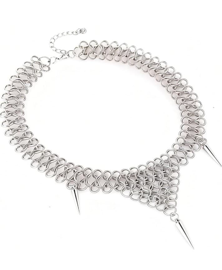 Silver punk gothic stainless steel spiked chainmail choker necklace. - Thumbnail 6