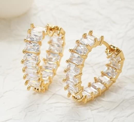 Luxury 18K Gold Plated Baguette CZ Hoops - Shimmering Statement Earrings NWT - Image 1