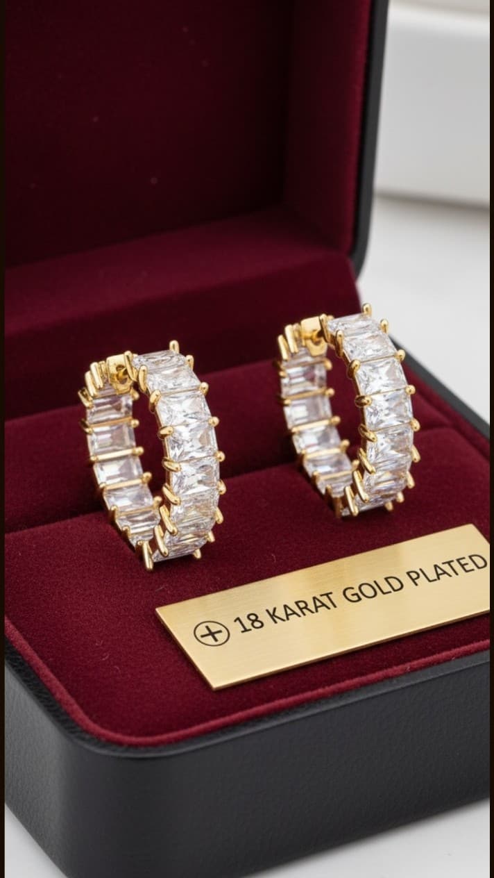 Luxury 18K Gold Plated Baguette CZ Hoops - Shimmering Statement Earrings NWT - Thumbnail 2