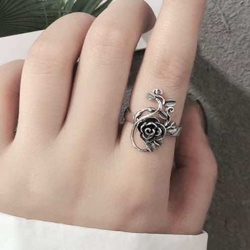 Black Rose Flower Stacking Rings for Women Men Dainty 925 Sterling Silver plated - Thumbnail 3