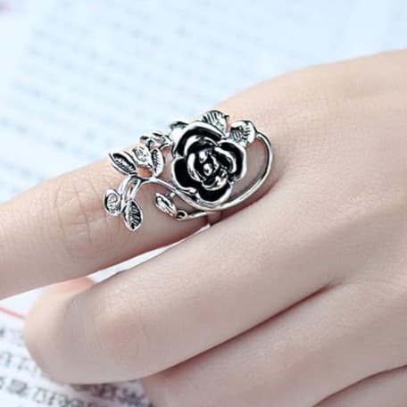 Black Rose Flower Stacking Rings for Women Men Dainty 925 Sterling Silver plated - Thumbnail 4