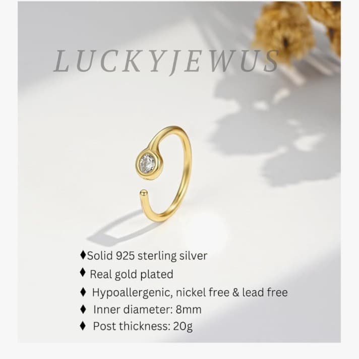 14K Gold Plated 925 Sterling Silver CZ Diamond Nose Ring Hoop for Women -6 /8mm - Thumbnail 3