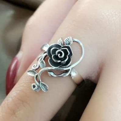 Black Rose Flower Stacking Rings for Women Men Dainty 925 Sterling Silver plated - Thumbnail 2