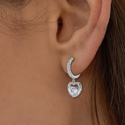 Elegant Sterling Silver Heart dangle Hoop Earrings - Thumbnail 3