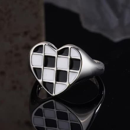 Sterling silver Love Heart Ring Black& White Checkered Enamel Heart Adjustable - Thumbnail 5