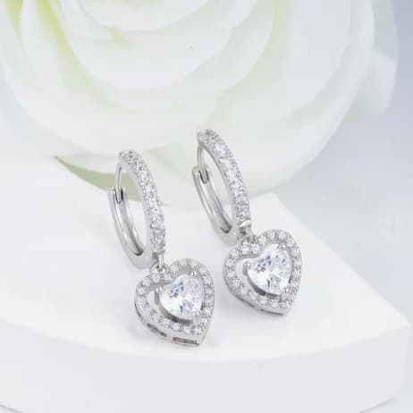 Elegant Sterling Silver Heart dangle Hoop Earrings - Thumbnail 4