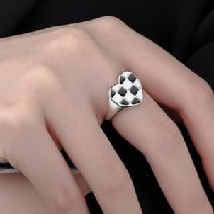Sterling silver Love Heart Ring Black& White Checkered Enamel Heart Adjustable - Thumbnail 2