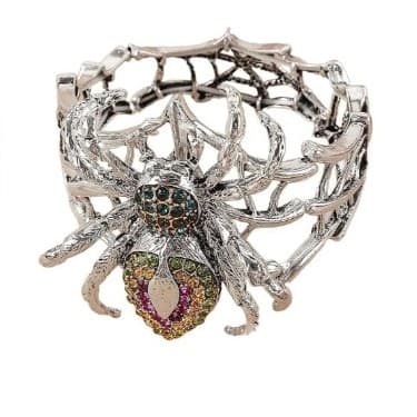 Gothic Rhinestone Spider Web Statement Bracelet – Ornate Silver-Tone Halloween - Thumbnail 4