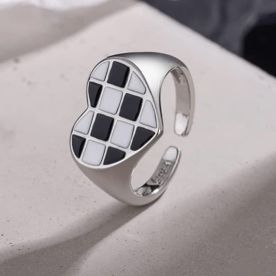 Sterling silver Love Heart Ring Black& White Checkered Enamel Heart Adjustable - Thumbnail 4