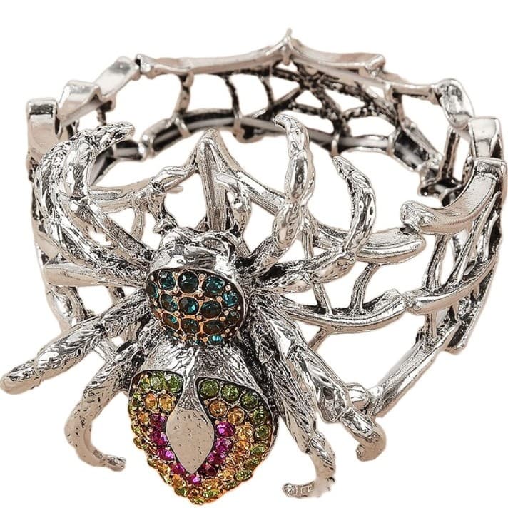 Gothic Rhinestone Spider Web Statement Bracelet – Ornate Silver-Tone Halloween - Thumbnail 3