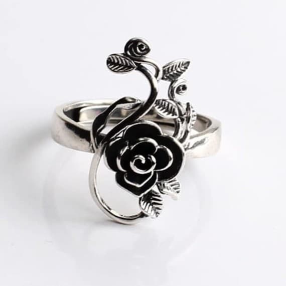 Black Rose Flower Stacking Rings for Women Men Dainty 925 Sterling Silver plated - Thumbnail 5