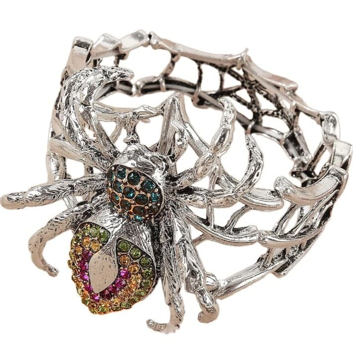 Gothic Rhinestone Spider Web Statement Bracelet – Ornate Silver-Tone Halloween - Thumbnail 2