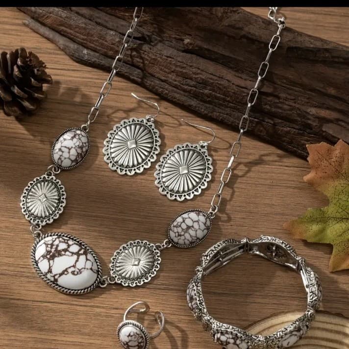 Southwestern-style 4-piece jewelry set w/ a necklace, earrings, bracelet & ring - Thumbnail 3