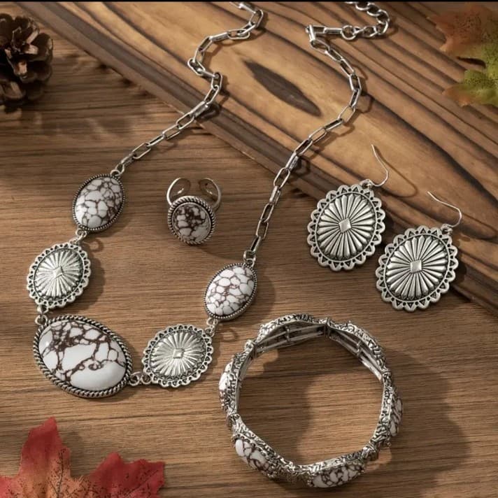 Southwestern-style 4-piece jewelry set w/ a necklace, earrings, bracelet & ring - Thumbnail 5