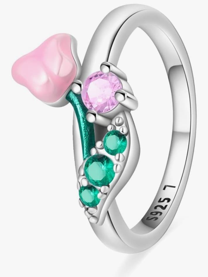 Elegant Sterling Silver Floral Ring with Pink and Green Accents Size 7,8 & 9 - Image 1