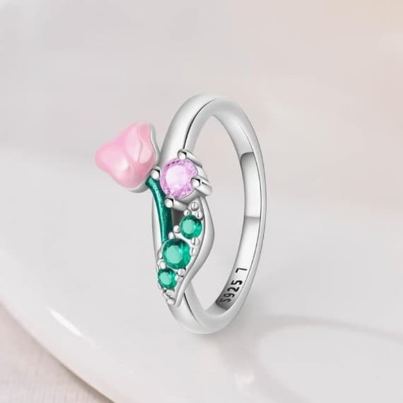 Elegant Sterling Silver Floral Ring with Pink and Green Accents Size 7,8 & 9 - Thumbnail 5