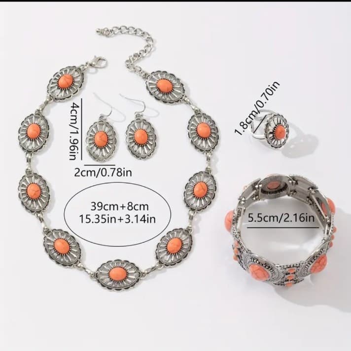 Western style concho jewelry set with a necklace, earrings, bracelet and ring . - Thumbnail 5