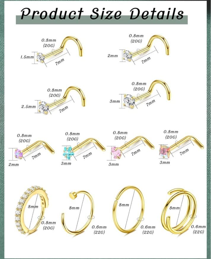 Nose Rings for Women - 14K Gold Filled Hypoallergenic for men or women - Thumbnail 6