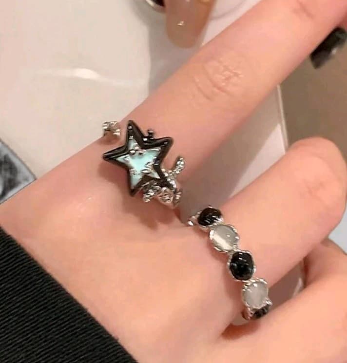 Hot Topic Black and Silver Star Ring W/ A Black & White Round Ring 2 Rings - Image 1