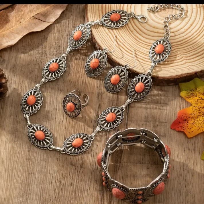 Western style concho jewelry set with a necklace, earrings, bracelet and ring . - Thumbnail 2