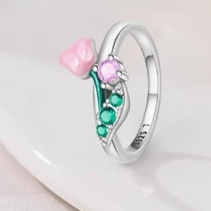 Elegant Sterling Silver Floral Ring with Pink and Green Accents Size 7,8 & 9 - Thumbnail 4